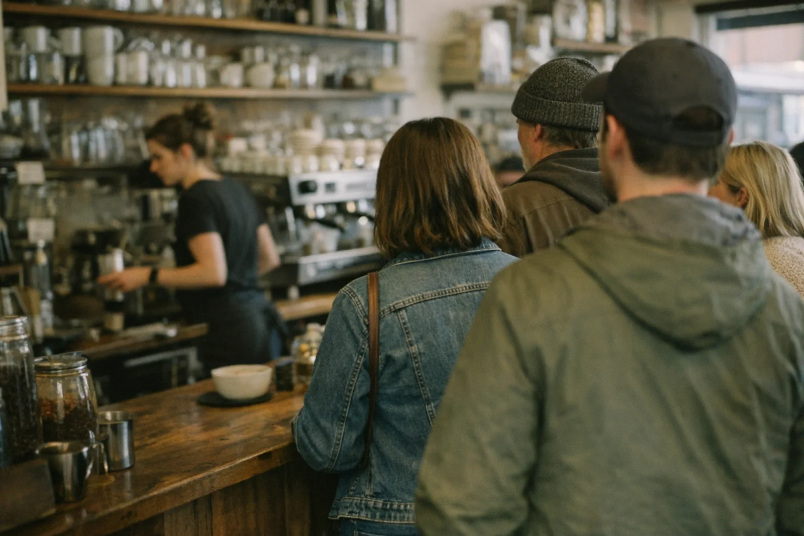 A short queue of customers waiting at the counter of a busy independent cafe
