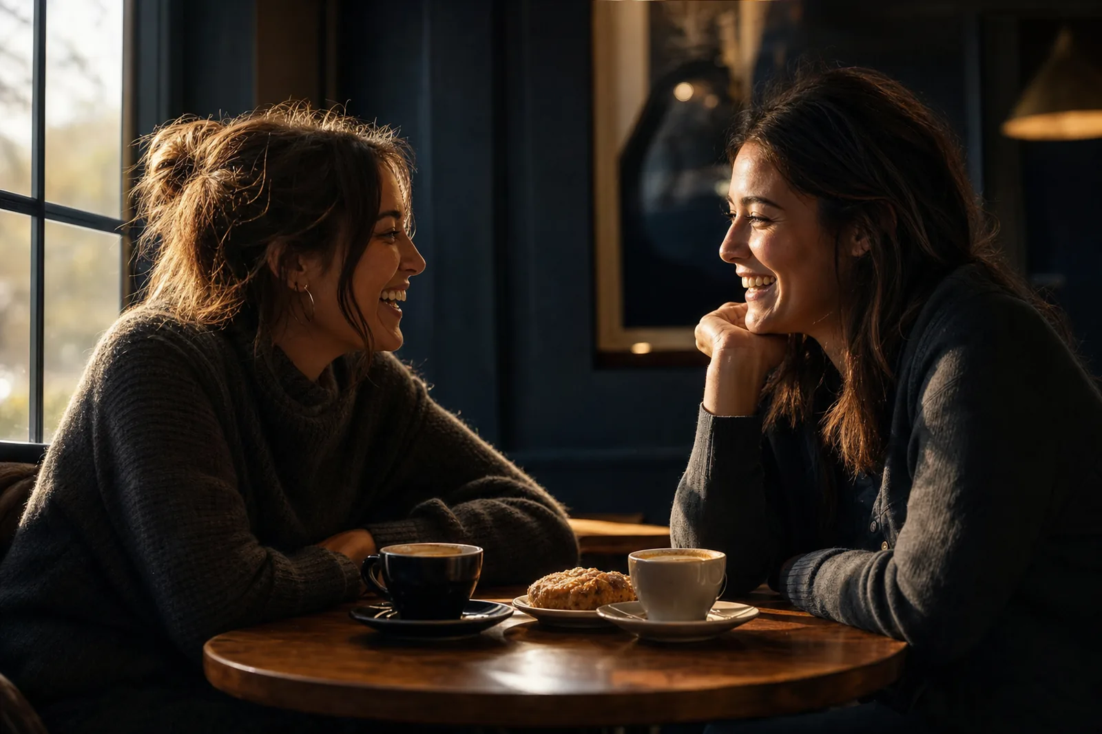 Two friends laughing over coffee at a cafe table in warm golden light