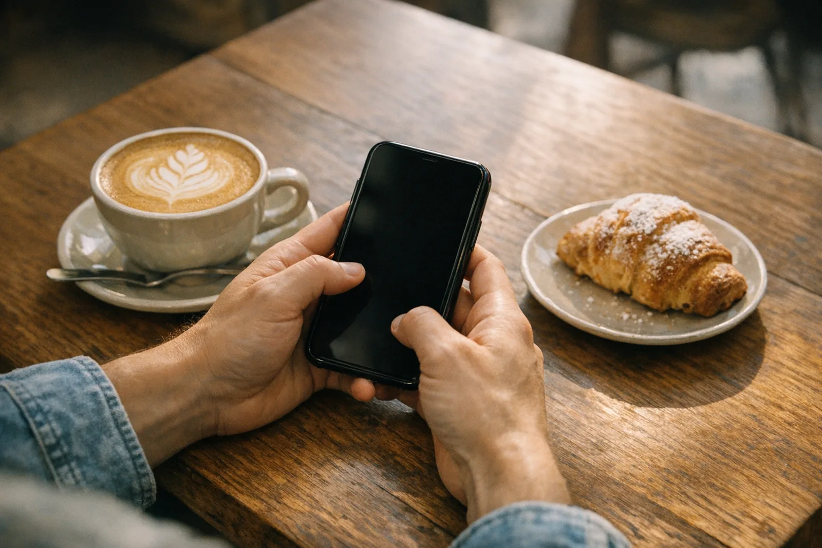 Hands holding a phone at a cafe table beside a flat white and a croissant